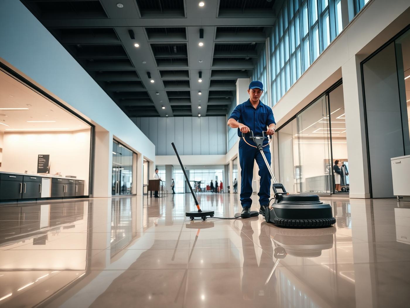 Commercial cleaner polishing floors in a modern retail space