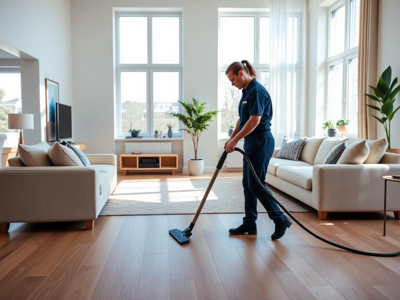 Cleaner vacuuming a bright modern living room