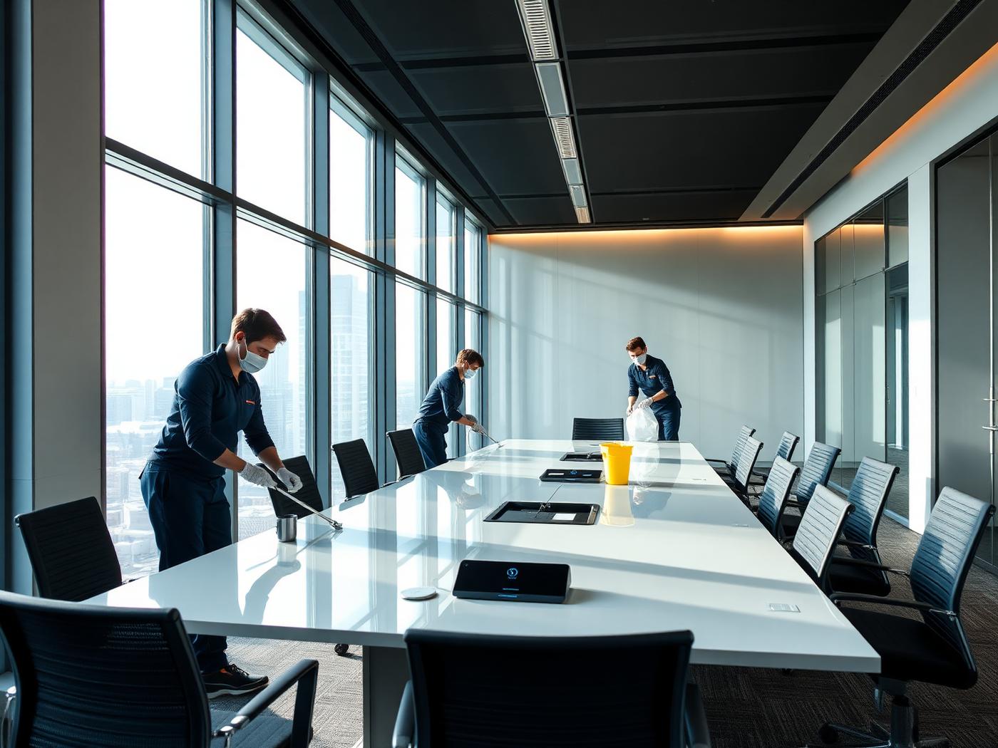 Cleaners sanitizing a premium corporate office
