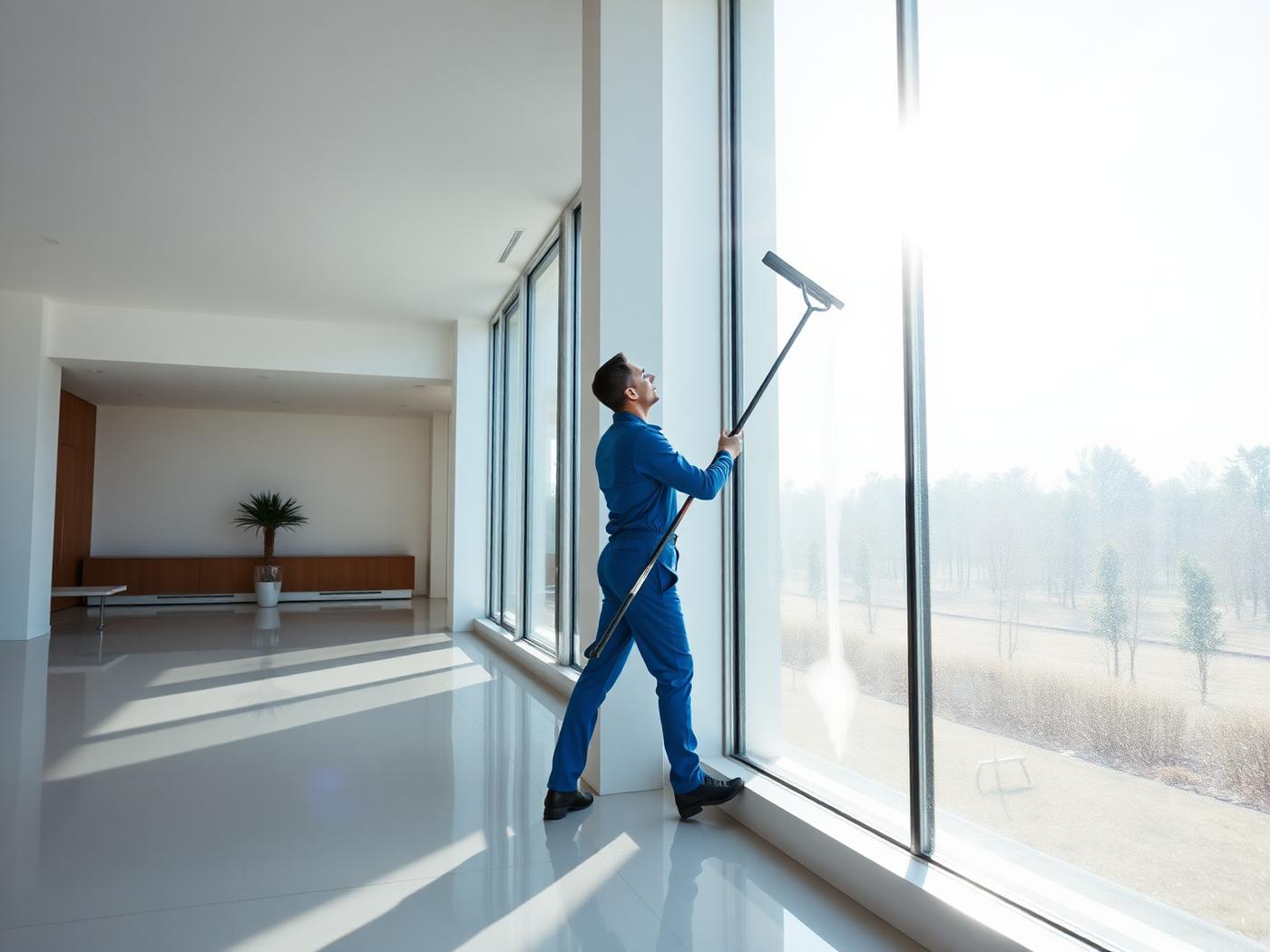 Cleaner washing floor-to-ceiling windows in a luxury home
